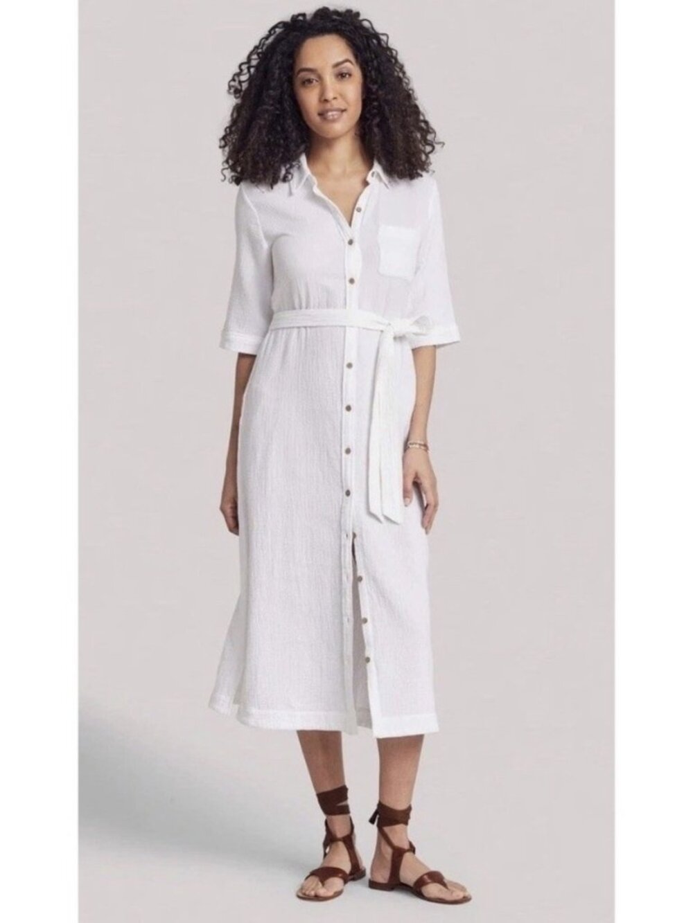 Feathery Size Delaney Gauze Button-Front Belted Shirtdress